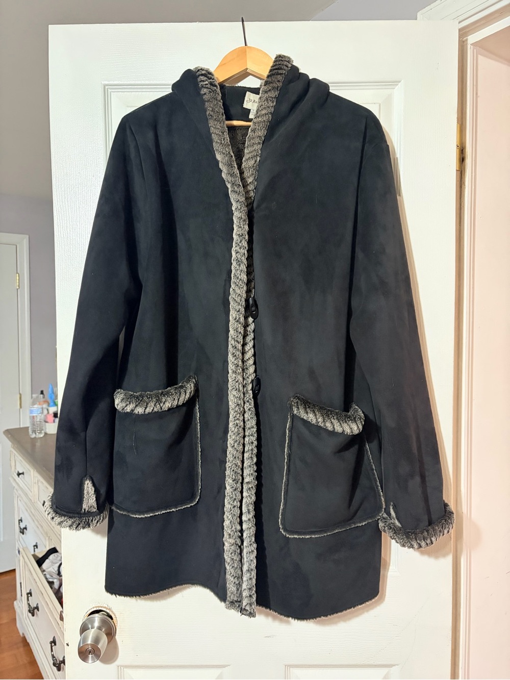 St. John's Bay Black Hooded Coat with Gray Faux-Shearling Trim